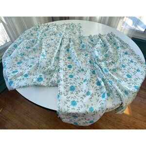 Vintage 60s floral pleated curtains, white and blue, Fiberglass, pair of panels